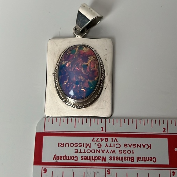 Vintage Mexico Sterling Silver Faux Opal Stone Cabachon Pendant - Picture 9 of 10